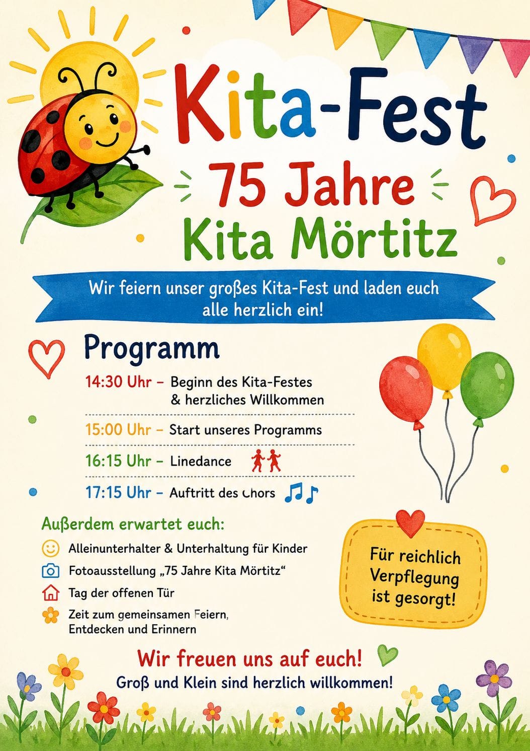 Plakat zum Kita-Fest: 75 Jahre Kita Mörtitz, mit Programm und Uhrzeiten